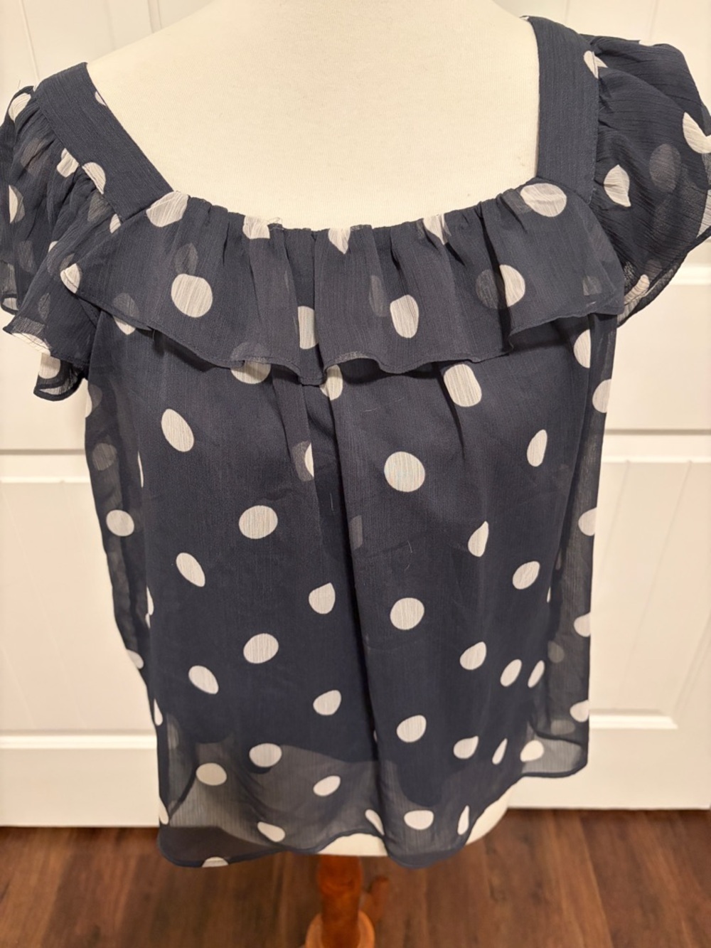 LC Lauren Conrad Navy and White Polka Dot Ruffle Blouse